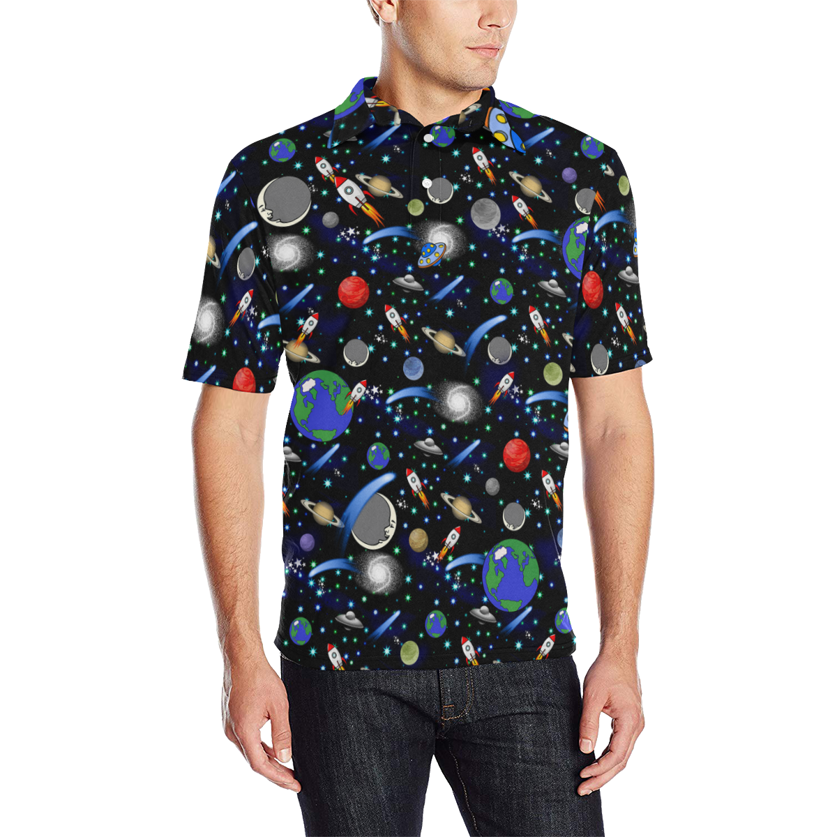 Galaxy Universe - Planets, Stars, Comets, Rockets Men's All Over Print Polo Shirt (Model T55)