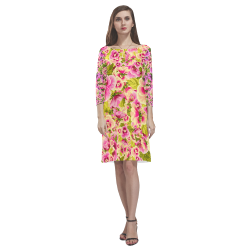 colorful flower pattern Rhea Loose Round Neck Dress(Model D22)