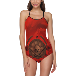 Skulls on red vintage background Strap Swimsuit ( Model S05)