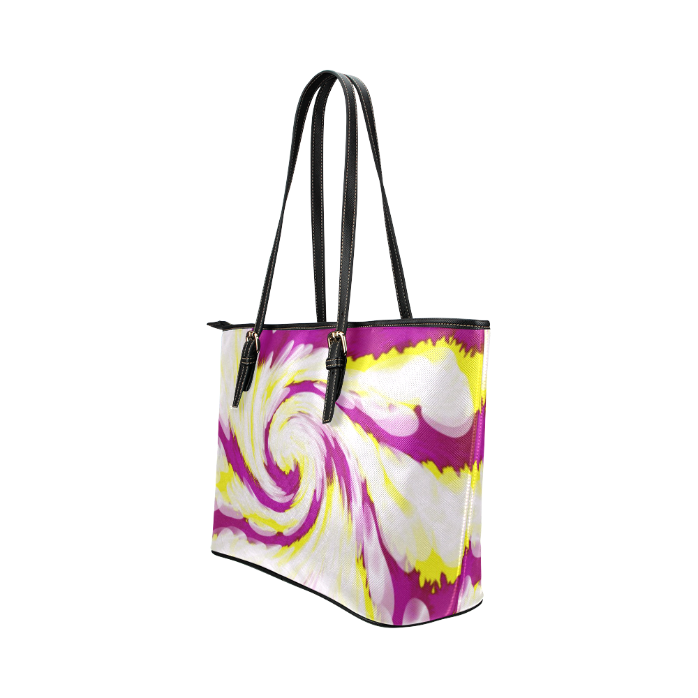 Pink Yellow Tie Dye Swirl Abstract Leather Tote Bag/Large (Model 1651)