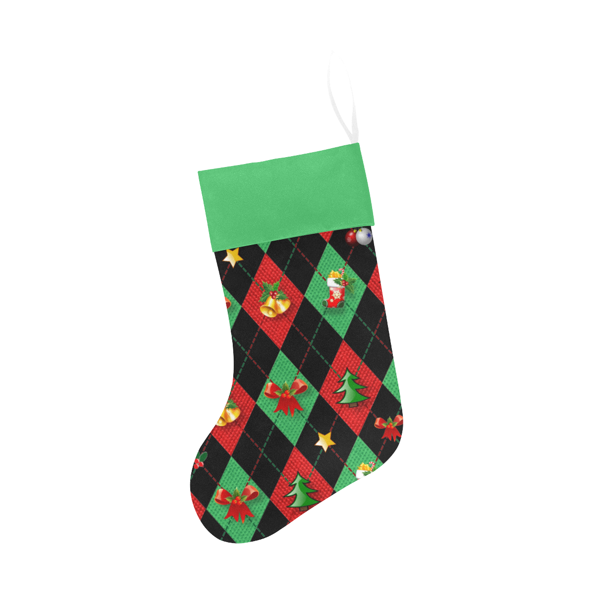 Christmas Argyle Pattern Black with Green Top Christmas Stocking