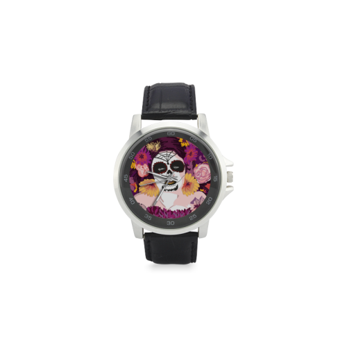 Mexican Sugar Skull Unisex Stainless Steel Leather Strap Watch(Model 202)
