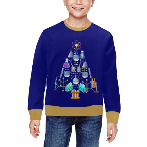 Oh Chemist Tree, Oh Chemistry, Science Christmas Blue and Gold All Over Print Crewneck Sweatshirt for Kids (Model H29)