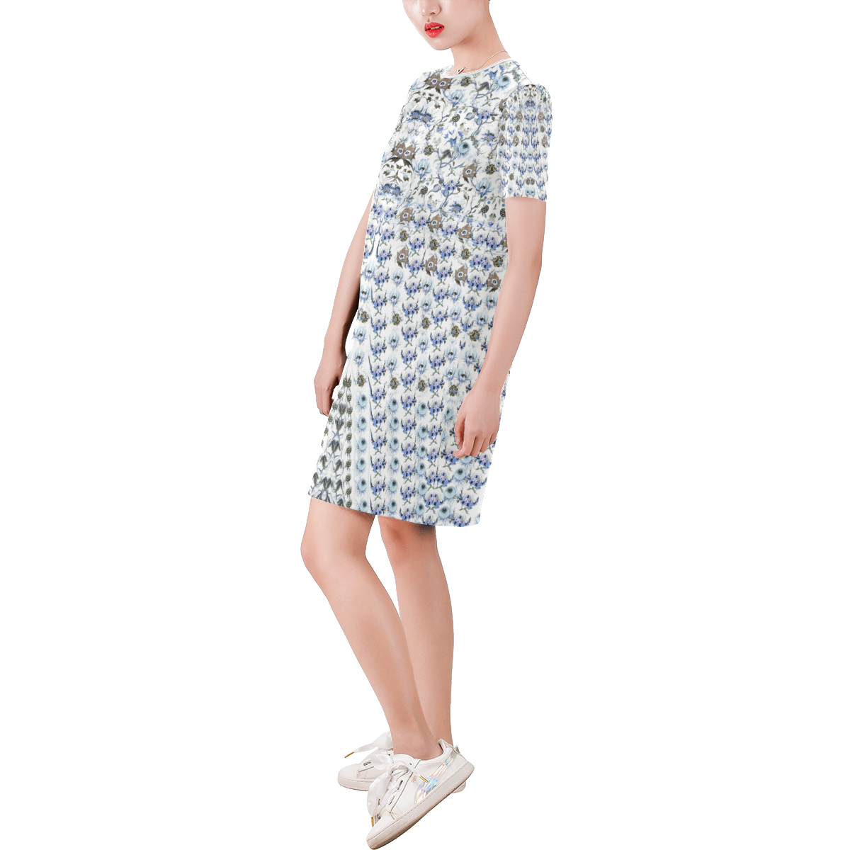 mille fleurs blue Short-Sleeve Round Neck A-Line Dress (Model D47)