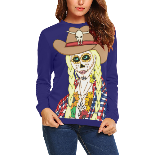 Cowgirl Sugar Skull Navy Blue All Over Print Crewneck Sweatshirt for Women (Model H18)