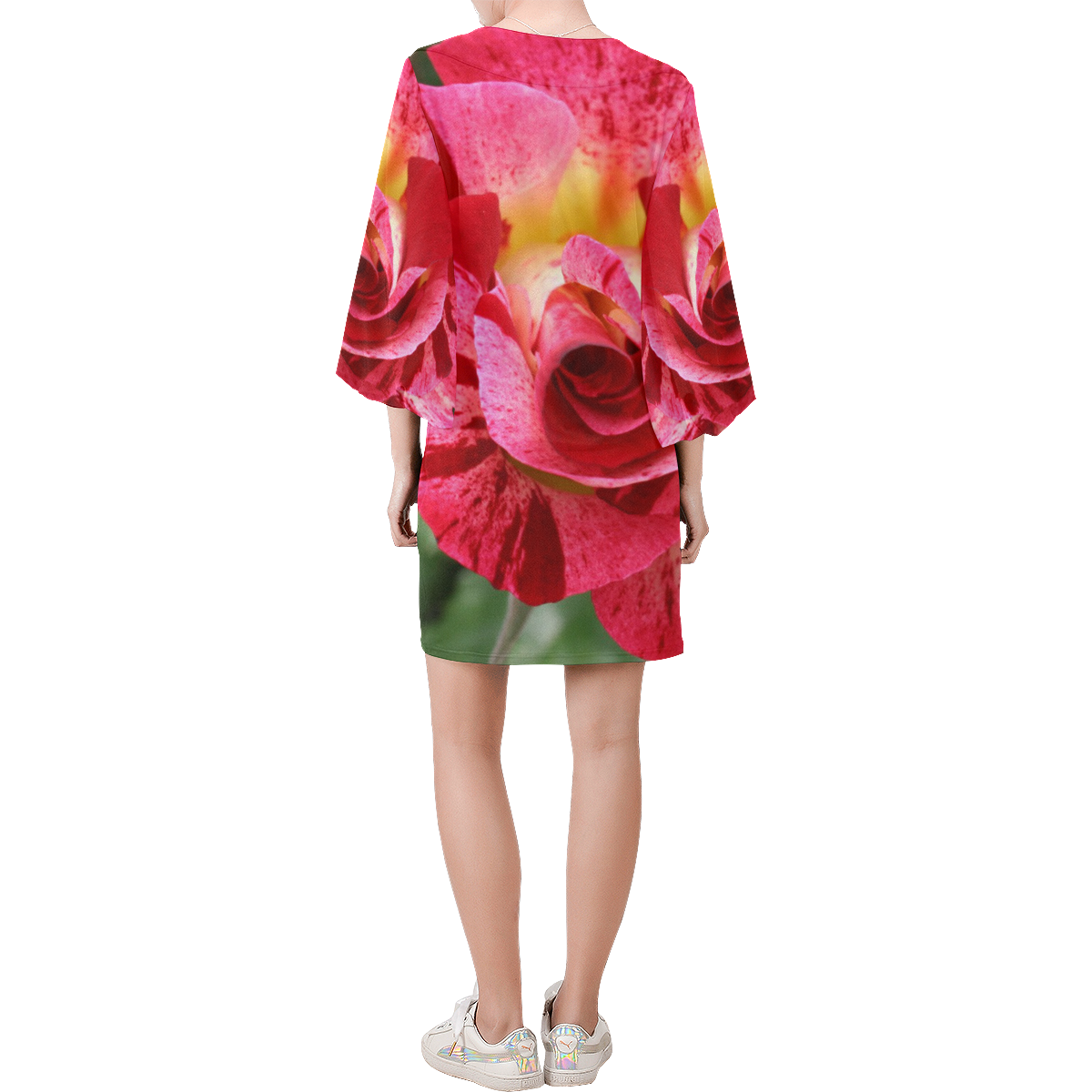 Pink Rose Flower Blossom Bell Sleeve Dress (Model D52)