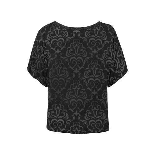 Elegant vintage floral damasks in  gray and black Women's Batwing-Sleeved Blouse T shirt (Model T44)