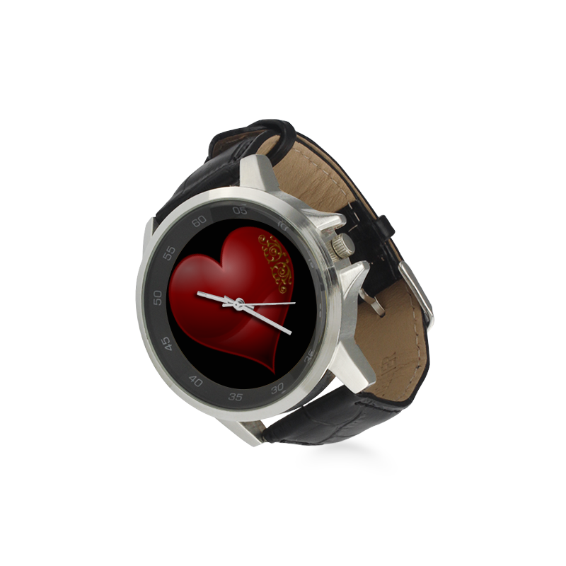 Heart  Las Vegas Symbol Playing Card Shape on Black Unisex Stainless Steel Leather Strap Watch(Model 202)