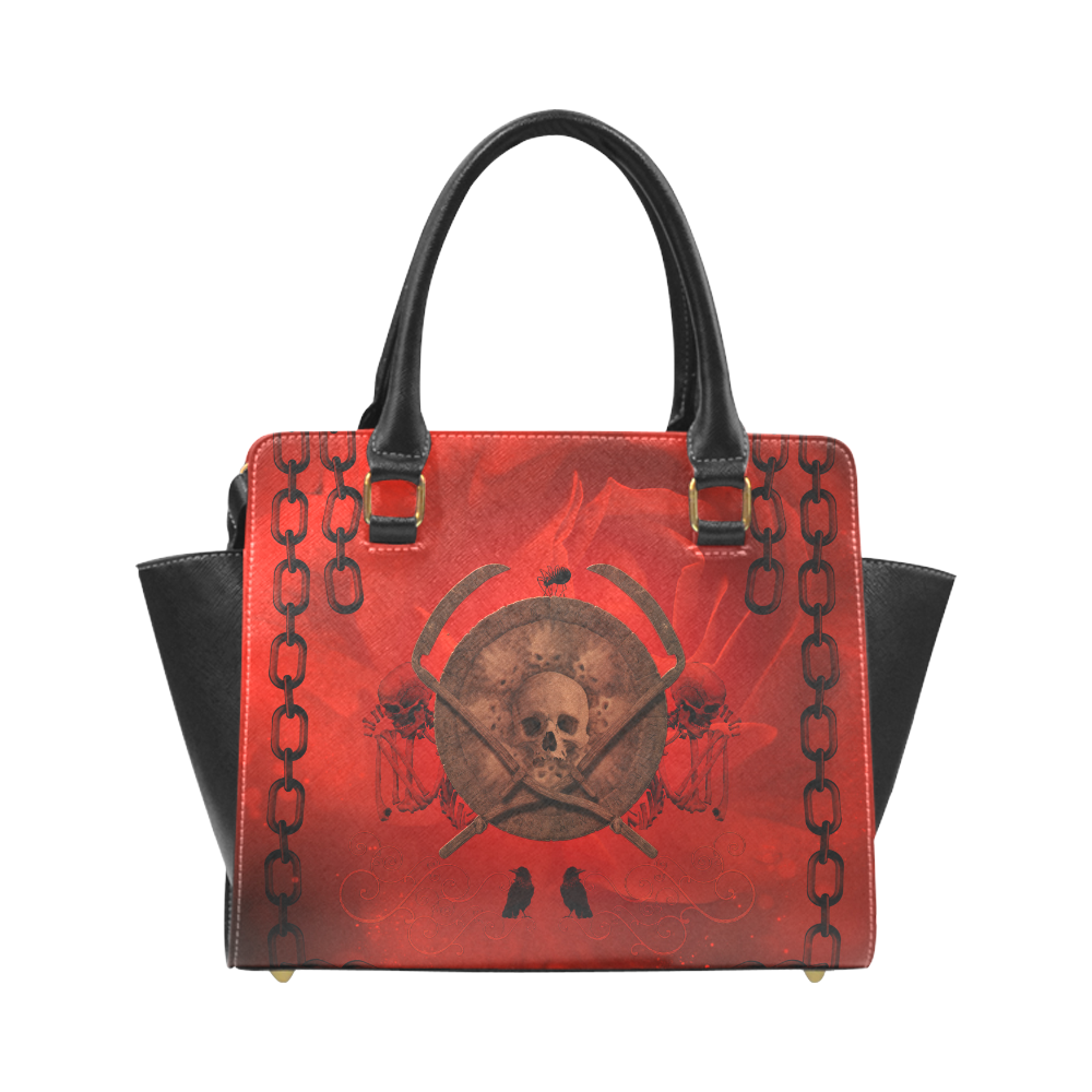 Skulls on red vintage background Rivet Shoulder Handbag (Model 1645)
