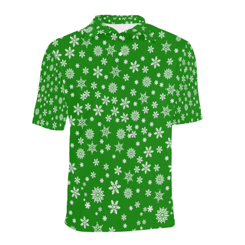 Christmas White Snowflakes on Green Men's All Over Print Polo Shirt (Model T55)