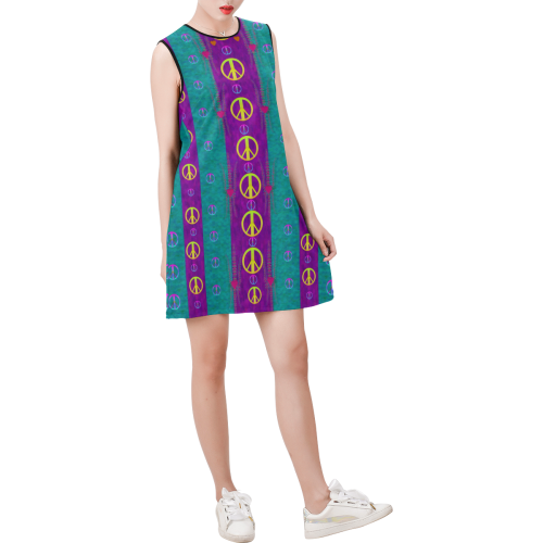 Peace be with us this wonderful year in true love Sleeveless Round Neck Shift Dress (Model D51)