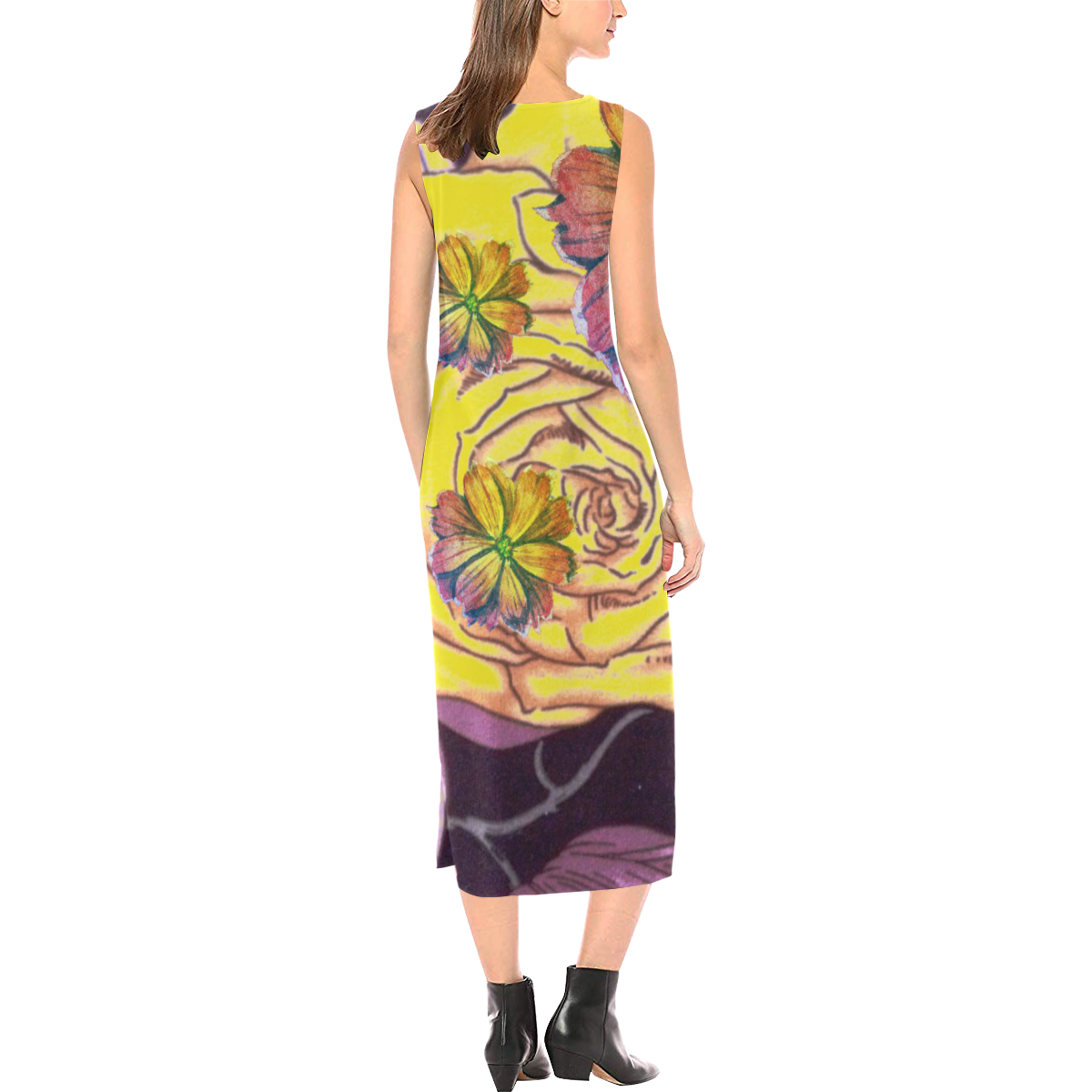 Watercolor Flowers Yellow Purple Green Phaedra Sleeveless Open Fork Long Dress (Model D08)