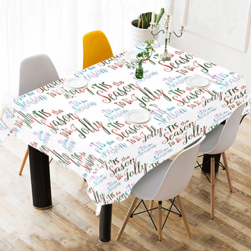 Christmas 'Tis The Season Pattern on White Cotton Linen Tablecloth 52"x 70"