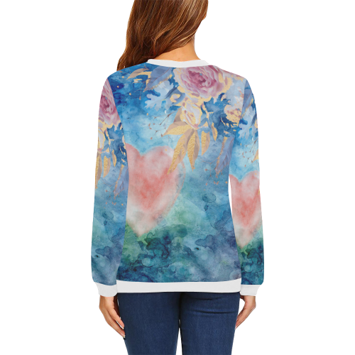 Heart and Flowers - Pink and Blue All Over Print Crewneck Sweatshirt for Women (Model H18)