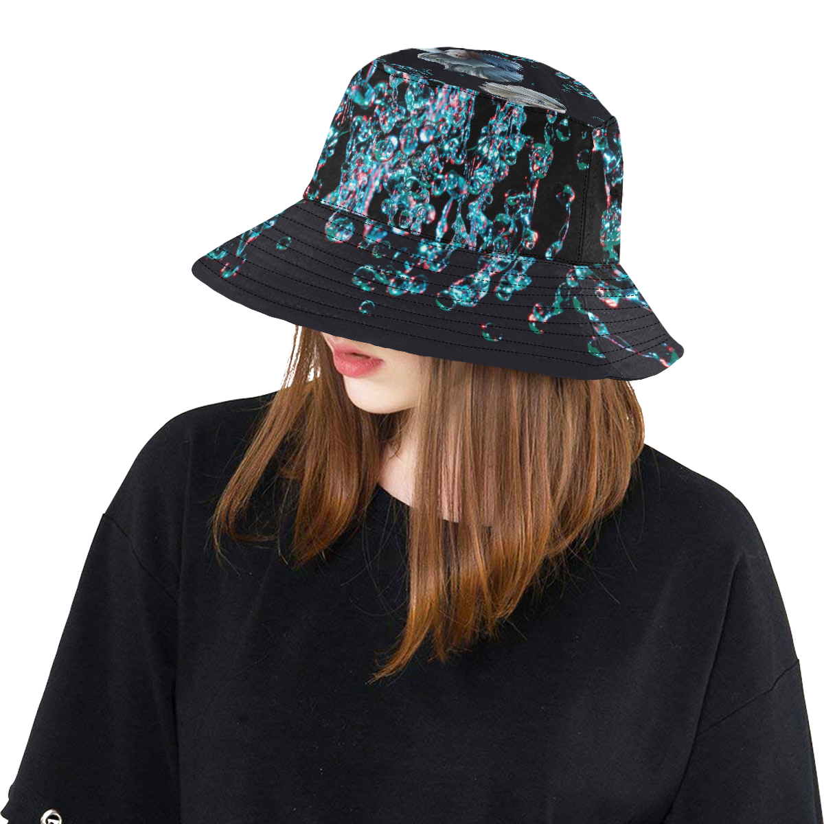 Blue Bubbles and Fish on Black Background Photo All Over Print Bucket Hat