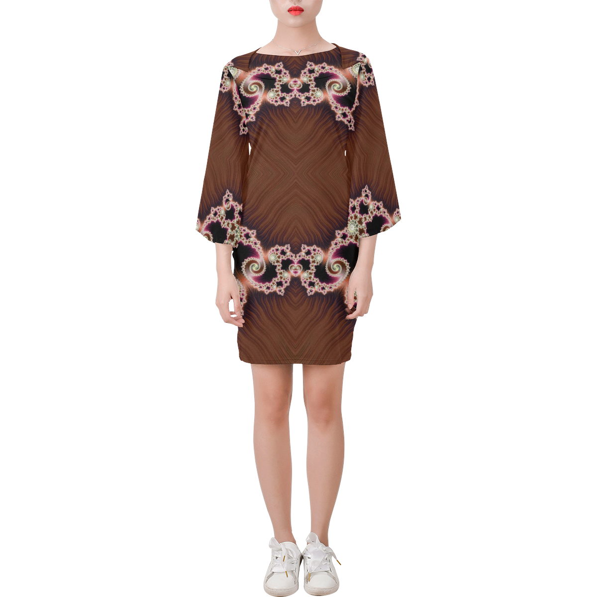 Copper and Pink Hearts Lace Fractal Abstract Bell Sleeve Dress (Model D52)