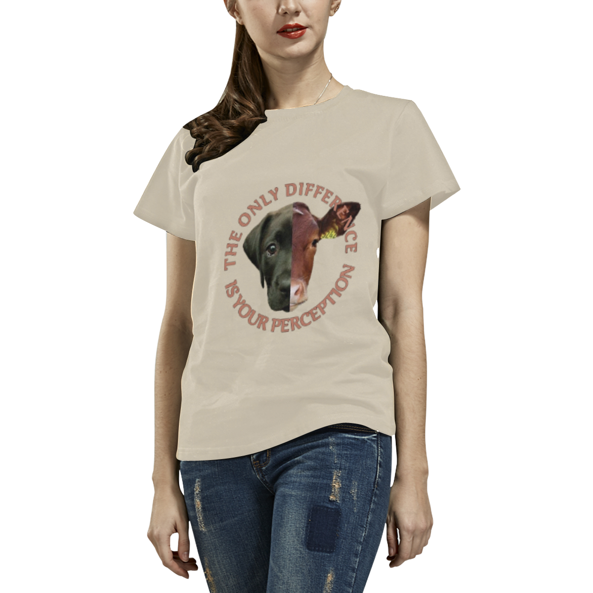 Vegan Cow and Dog Design with Slogan All Over Print T-Shirt for Women (USA Size) (Model T40)