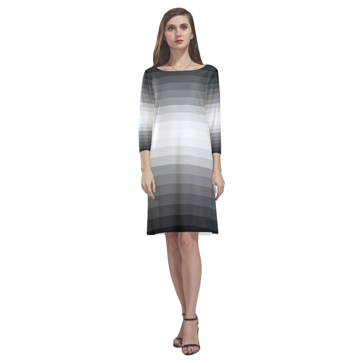 Gray, black, white multicolored stripes Rhea Loose Round Neck Dress(Model D22)