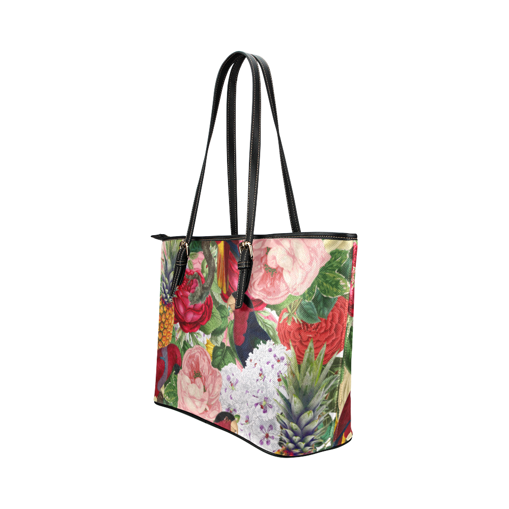 tropical bird floral Leather Tote Bag/Large (Model 1651)
