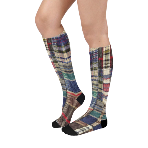 patchwork plaid wrinkle plaid Over-The-Calf Socks