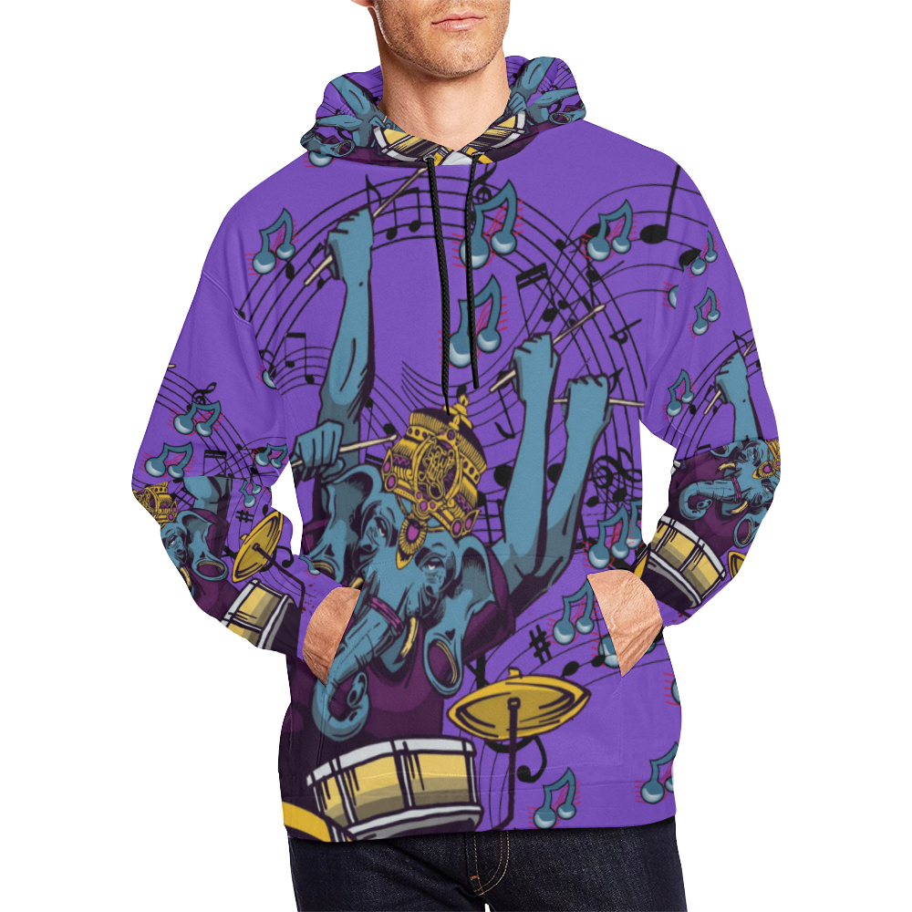 Ganesha Drummer Red Blue and Purple Music Theme Purple All Over Print Hoodie for Men/Large Size (USA Size) (Model H13)