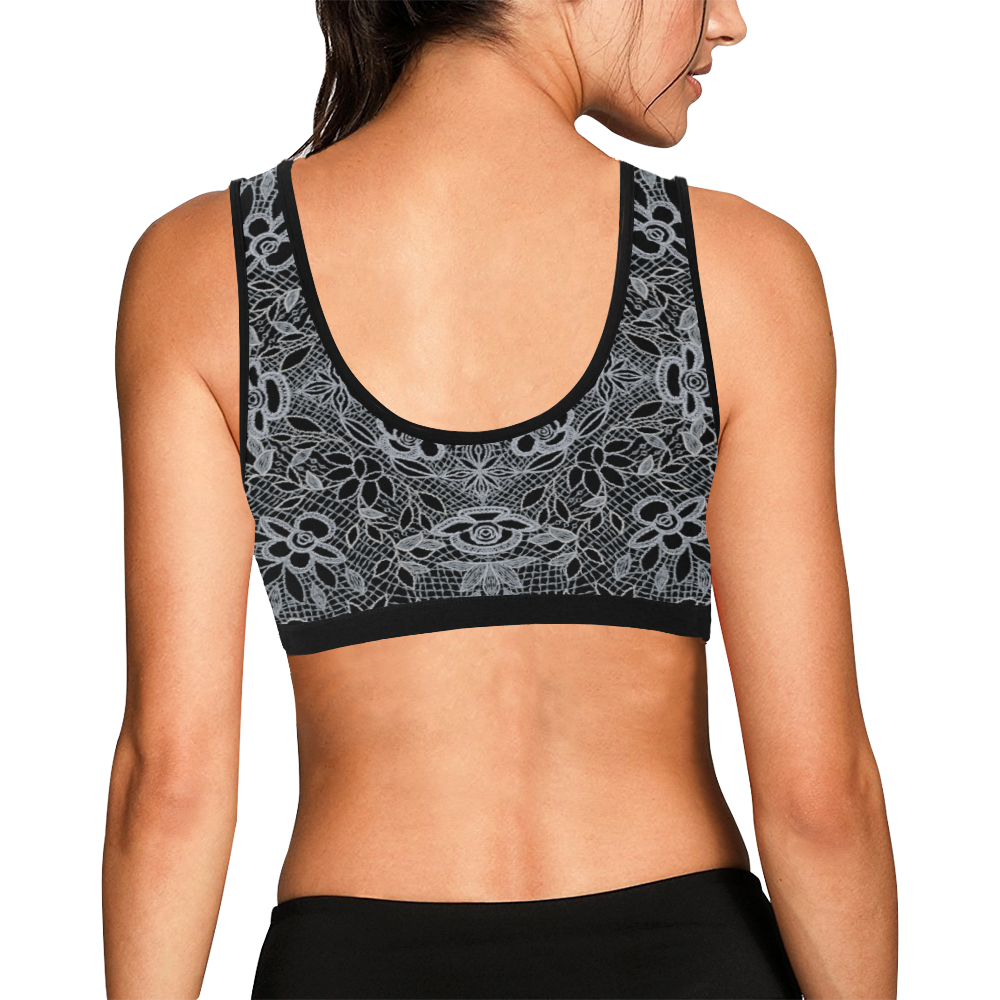 White Crocheted Lace Mandala Pattern on black Women's All Over Print Sports Bra (Model T52)