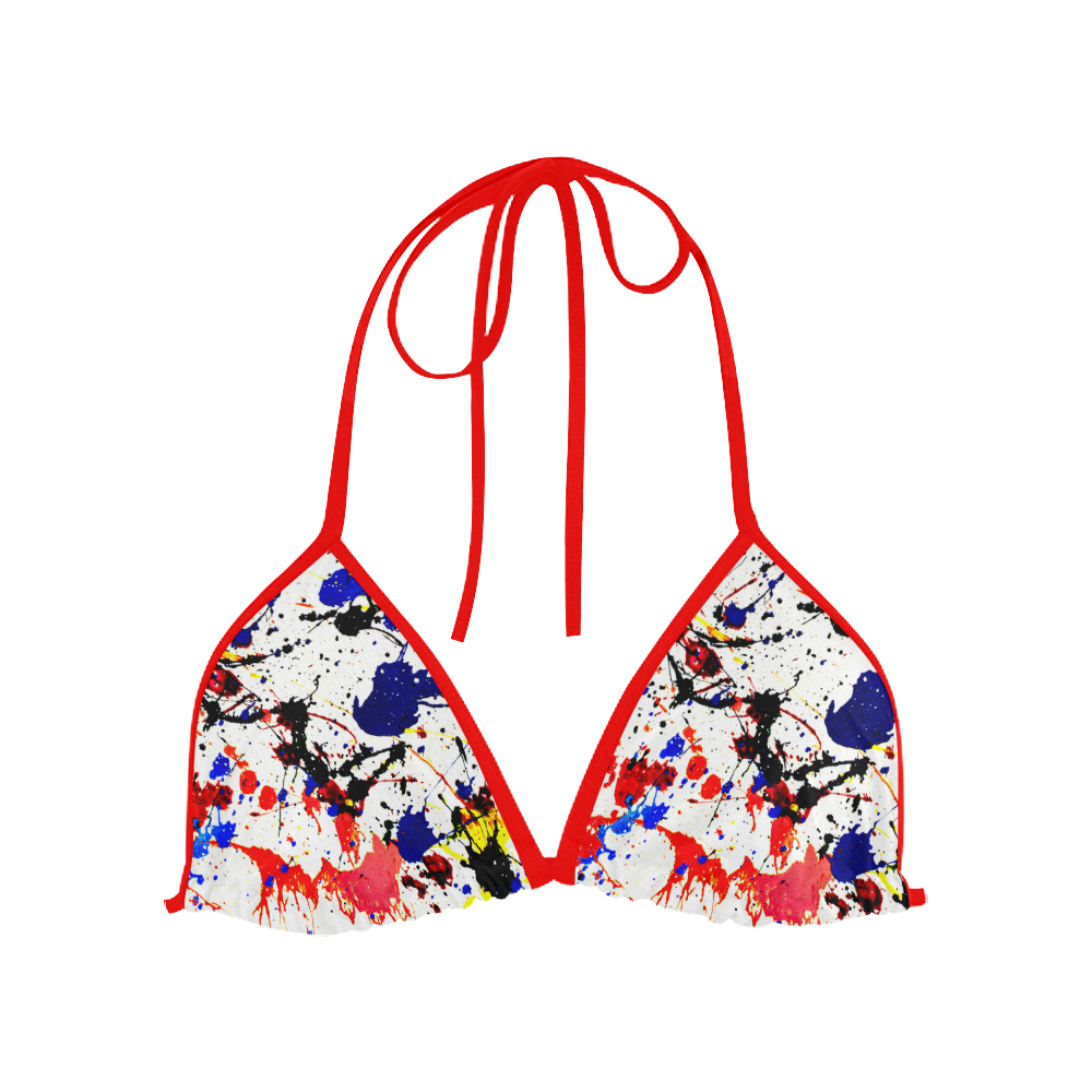 Blue & Red Paint Splatter (Red Straps) Custom Bikini Swimsuit Top