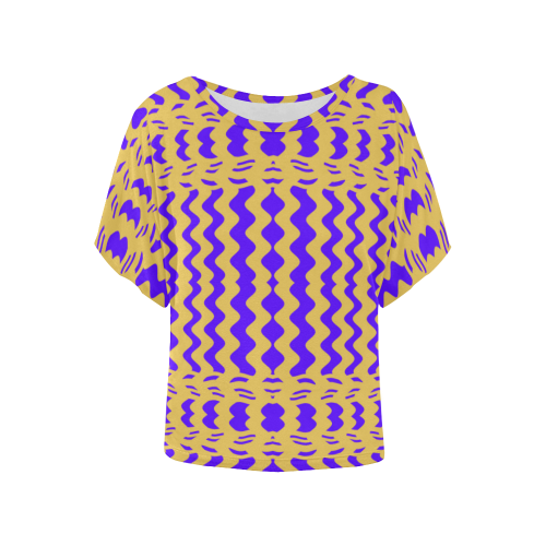 Purple Yellow Modern  Waves Lines Women's Batwing-Sleeved Blouse T shirt (Model T44)