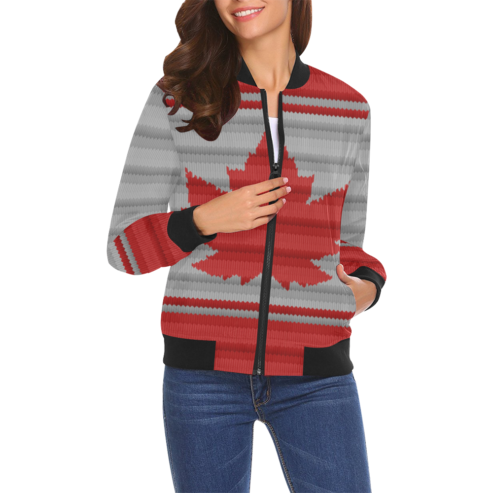 Canada Bomber Jacket - Knit Print - Women's All Over Print Bomber Jacket for Women (Model H19)