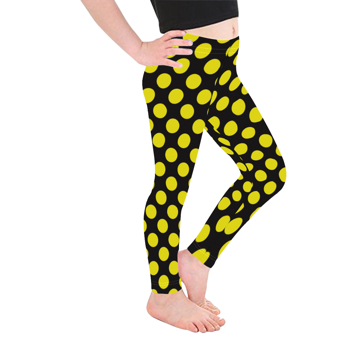 Yellow Polka Dots on Black Kid's Ankle Length Leggings (Model L06)