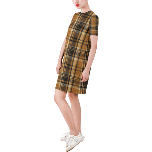 TARTAN DESIGN Short-Sleeve Round Neck A-Line Dress (Model D47)