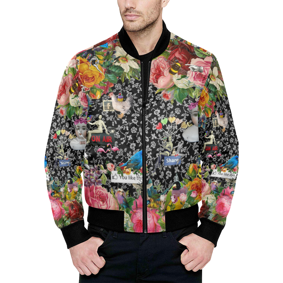 One Kiss All Over Print Quilted Bomber Jacket for Men (Model H33)