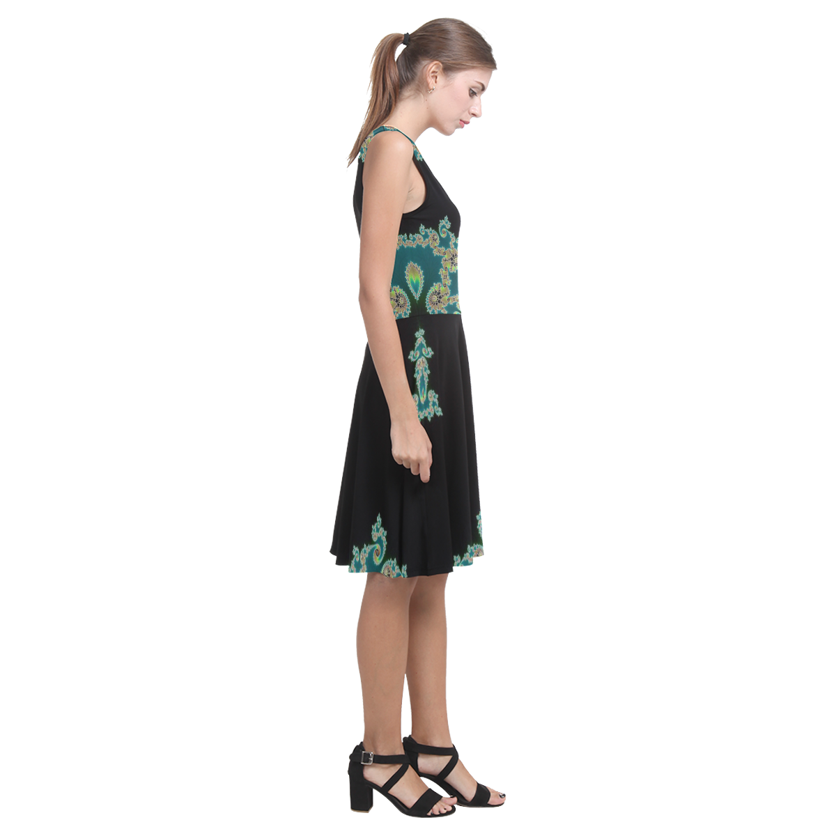 Aqua and Black  Hearts Lace Fractal Abstract Atalanta Casual Sundress(Model D04)