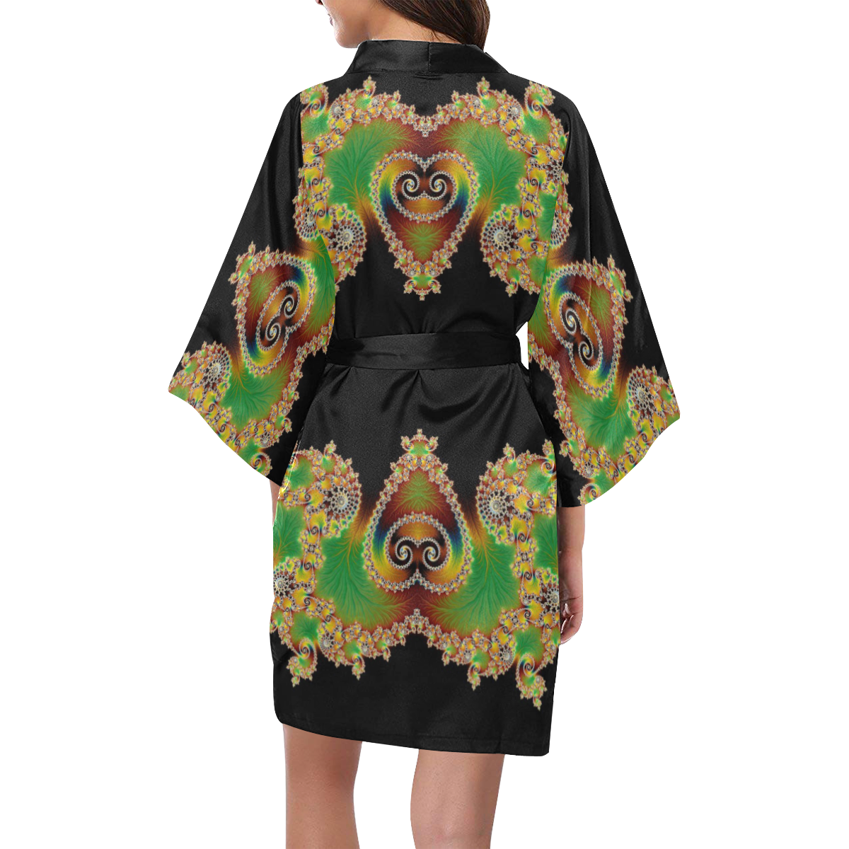 Green and Black  Hearts  Lace Fractal Abstract Kimono Robe