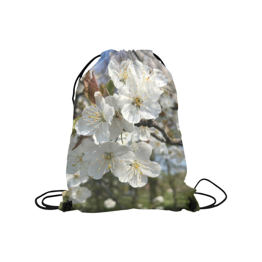 white flower Medium Drawstring Bag Model 1604 (Twin Sides) 13.8"(W) * 18.1"(H)
