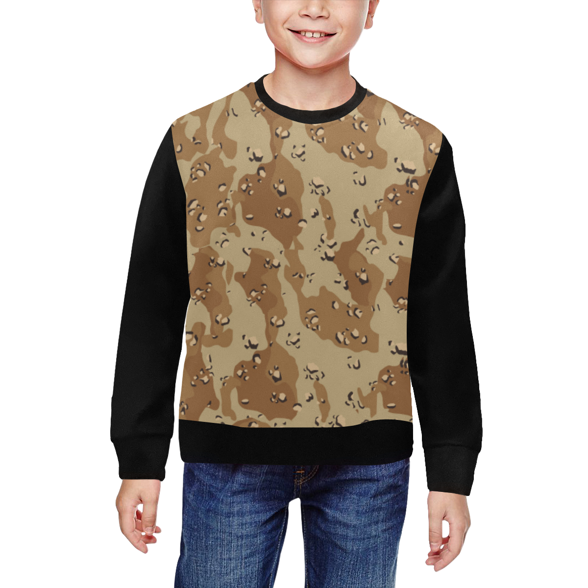 Vintage Desert Brown Camouflage  (Vest Style) Black All Over Print Crewneck Sweatshirt for Kids (Model H29)