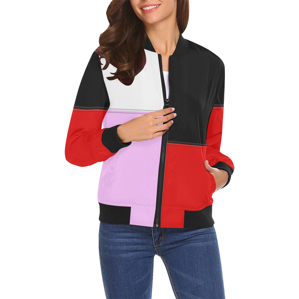 Red, Black and Pink Blocks All Over Print Bomber Jacket for Women (Model H19)