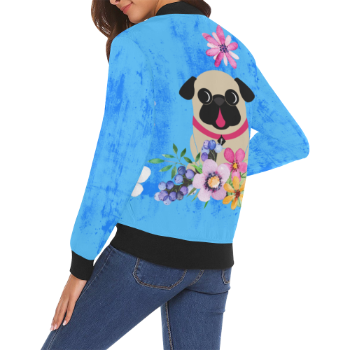 Fawn Pug in Spring Flowers Bomber Jacket All Over Print Bomber Jacket for Women (Model H19)