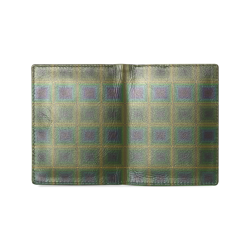 Violet green multicolored multiple squares Men's Leather Wallet (Model 1612)