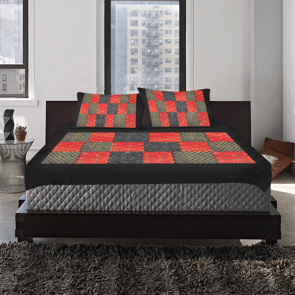 Fancy Gold pearls and red dectorative pattern by FlipStylez Designs 3-Piece Bedding Set