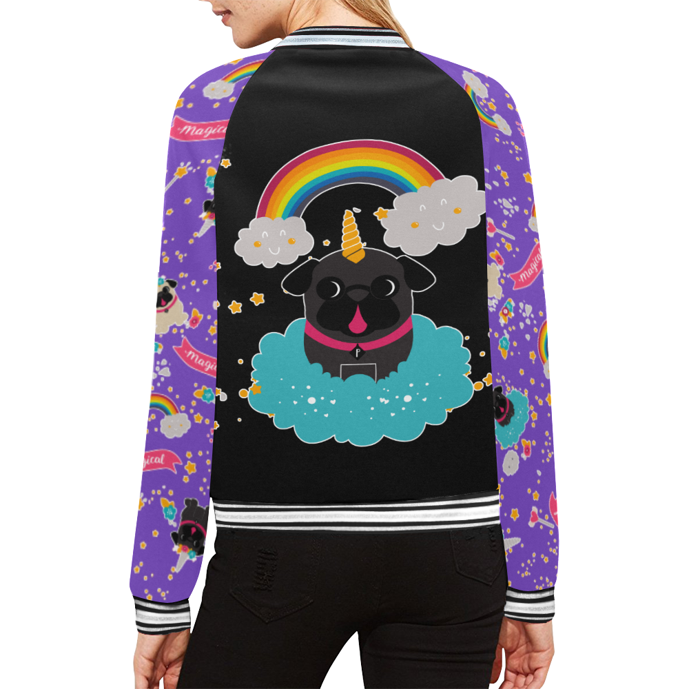 Pug Unicorns Multi-Colored All Over Print Bomber Jacket for Women (Model H21)