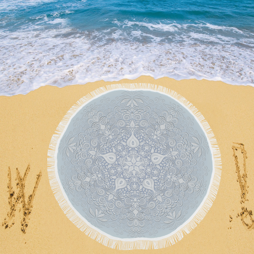 White and Blue Watercolor Mandala Pattern Circular Beach Shawl 59"x 59"