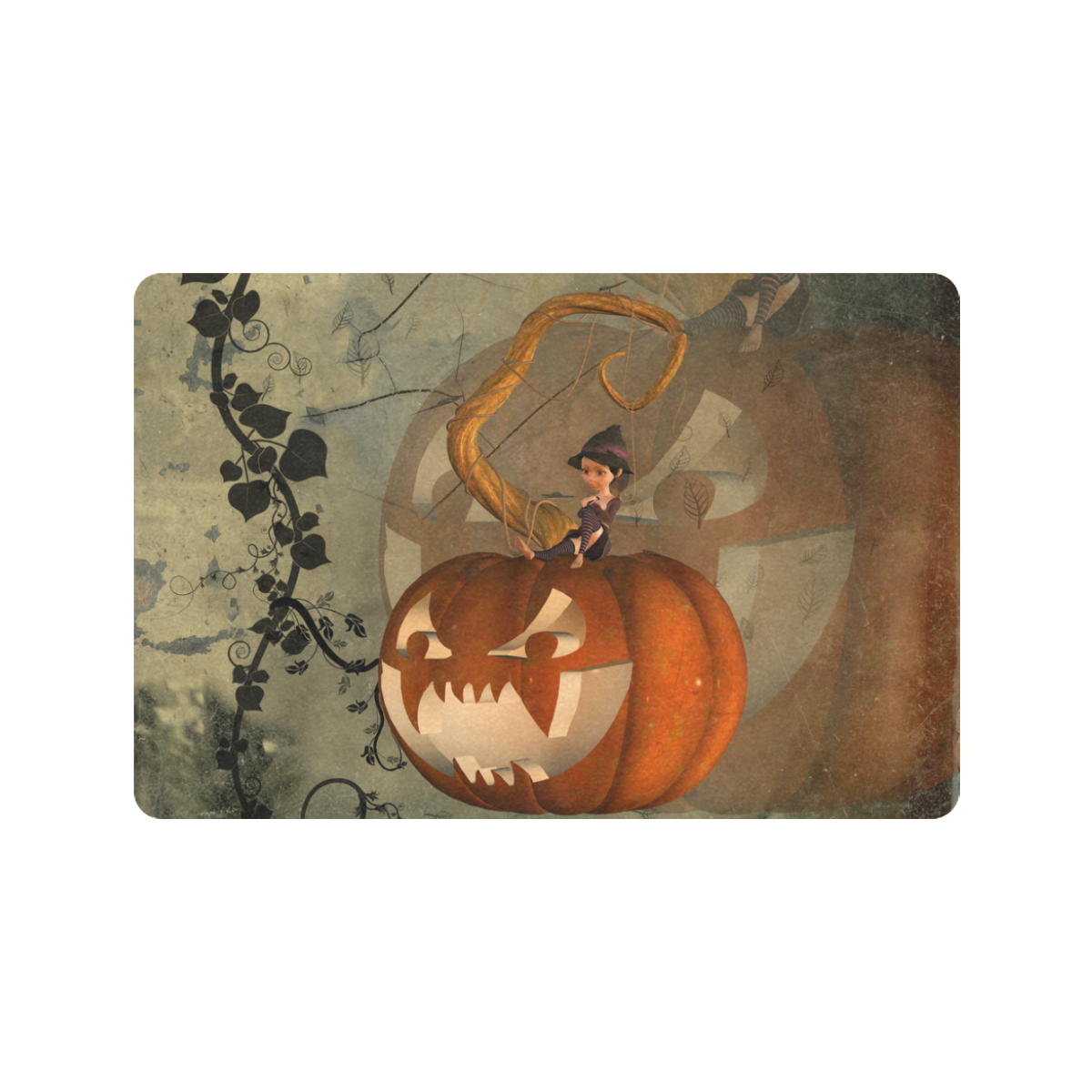 Halloween, funny pumpkin with witch Doormat 24"x16" (Black Base)