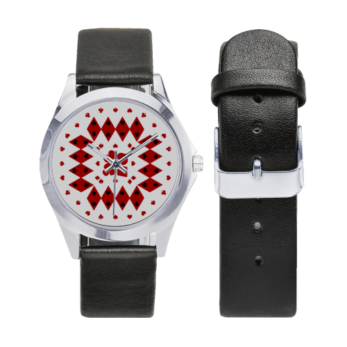 Black and Red Playing Card Shapes (White) Unisex Silver-Tone Round Leather Watch (Model 216)