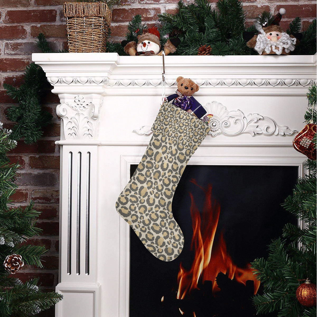 Linen Large Cheetah Animal Print Christmas Stocking