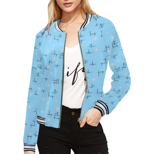 Abstract Lines and Pink Stars Retro All Over Print Bomber Jacket for Women (Model H21)