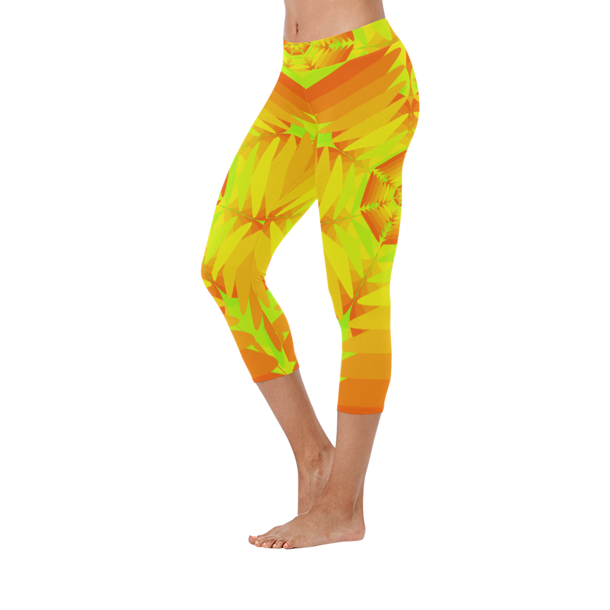 Orange green flower Women's Low Rise Capri Leggings (Invisible Stitch) (Model L08)