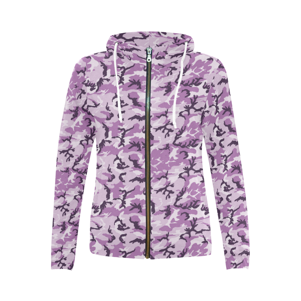Woodland Pink Purple Camouflage All Over Print Full Zip Hoodie for Women (Model H14)
