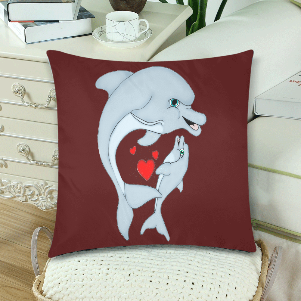 Dolphin Love Burgundy Custom Zippered Pillow Cases 18"x 18" (Twin Sides) (Set of 2)