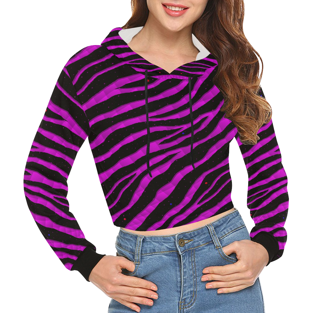 Ripped SpaceTime Stripes - Pink All Over Print Crop Hoodie for Women (Model H22)